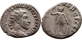 Philip I The Arab (244-249) Antoninianus Obv: Radiate, draped bust of emperor Rev: Virtus standing right, holding spear and leaning hand on shield. 
...