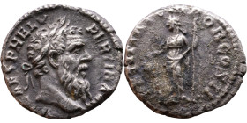 Pertinax (193) Denarius Obverse: IMP CAES P HELV PERTIN AVG, laureate head right. Reverse: LAETITIA TEMPOR COS II, Laetitia standing left, holding wre...