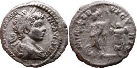 Caracalla (211-217) Denarius. Obv: Laureate, draped bust of emperor. Rev: Minerva standing left, holding Victory and spear, shield at foot, trophy beh...
