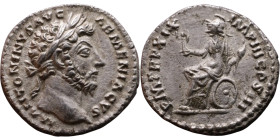 Marcus Aurelius (161-180) Denarius Obv: Laureate, draped bust of emperor. Rev: Roma seated left, holding Victory, shield at side.

18mm 3.53g