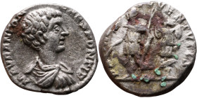 Caracalla (211-217) Denarius. Obv: Laureate, draped bust of emperor. Rev: Minerva standing left, holding Victory and spear, shield at foot, trophy beh...