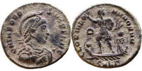 Theodosius I (379-395) Follis. Obv: DN THEODOSIVS PF AVG, Diademed, helmeted, draped, and cuirassed bust right, holding spear and shield. Rev.: GLORIA...