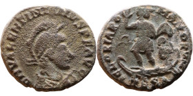 Valentinian II (375-392) Follis. Obverse: D N VALENTINIA NVS IVN P F AVG pearl-diademed, helmeted, draped, cuirassed bust right. holding spear and shi...