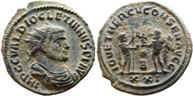 Diocletian (284-294 AD). Antoninianus. Obverse: Bust of Emperor, radiate, draped, right. Reverse: Jupiter standing right holding sceptre and orb facin...