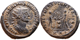 Maximianus. (286-305 ) Antoninianus. Obverse: Bust of Emperor, radiate, draped, right. Reverse: Jupiter standing right holding sceptre and orb facing ...