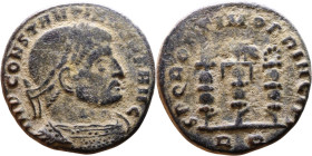 Constantine I The Great (306 - 337 AD). Follis. Obv.: Laureate head of Constantine right. Rev.:Three standards surmounted by a hand, an eagle and a wr...