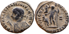 Licinius II (317-324) follis. follis. Obv: Cuirassed bust of emperor Rev: Jupiter standing left, chlamys across left shoulder, leaning on scepter with...
