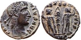 Constantius II (337-361) Follis. Obverse: Draped, cuirassed bust right. Reverse: GLORIA EXERCITVS, two Soldiers standing front, heads turned inward at...
