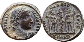 Constantinus I (306-337) Follis. Obverse: CONSTANTI-NVS MAX AVG, diademed, draped, cuirassed bust right. Reverse: GLORIA EXERCITVS, two Soldiers stand...