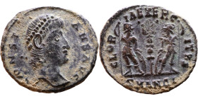 Constans (337 - 350) Follis. Obverse: Draped, cuirassed bust right. Reverse: GLORIA EXERCITVS, two Soldiers standing front, heads turned inward at two...