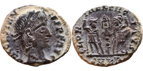 Constans (337 - 350) Follis. Obverse: Draped, cuirassed bust right. Reverse: GLORIA EXERCITVS, two Soldiers standing front, heads turned inward at two...