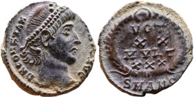 Constantius II (337-361 AD). AE follis. Obv.: DN CONSTANTIVS PF AVG, pearl diademed bust right. Rev.: VOT XX MVLT XXX in wreath

14mm 1.44g