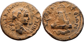 Elagabalus (218-222) Zeugma, Commagene Bronze coin. Obv: Laureate, draped bust of emperor. Rev: Tetrastyle temple within peribolis, capricorn below. ...