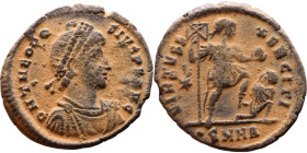 Theodosius I (379-395) Follis. Obv: DN THEODOSIVS PF AVG, Pearl-diademed, draped, cuirassed bust right Rev: VIRTVS EXERCITI, emperor standing right, h...