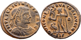 Licinius I (308-324 AD) follis. Obv: Cuirassed bust of Licinius Rev: Jupiter standing left, chlamys across left shoulder, leaning on scepter with eagl...