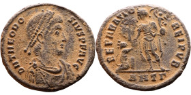 Theodosius I (379-395) Follis. Obv: Pearl-diademed, draped, cuirassed bust right Reverse: Emperor standing facing, head left, holding Victory on globe...