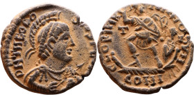 Theodosius I (379-395) Follis. Obv: DN THEODOSIVS PF AVG, Diademed, helmeted, draped, and cuirassed bust right, holding spear and shield. Rev.: GLORIA...