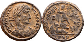 Constantius II (337-361) follis. Obv.: D N CONSTAN-TIVS P F AVG; bust of Constantius II, pearl-diademed, draped, cuirassed, right. Rev.: FEL TEMP REPA...