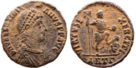 Valentinian II (375-392) Follis.Obverse: D N VALENTINIANVS P F AVG Pearl-diademed, draped, cuirassed bust right Reverse: VIRTVS EXERCITI, emperor stan...