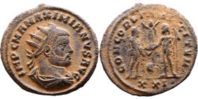 Maximianus. (286-305 ) Antoninianus. Obverse: Bust of Emperor, radiate, draped, right. Reverse: Jupiter standing right holding sceptre and orb facing ...