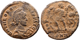 Theodosius I (379-395) Follis. Obv: DN THEODOSIVS PF AVG, Diademed, helmeted, draped, and cuirassed bust right, holding spear and shield. Rev.: GLORIA...