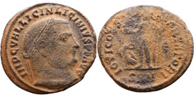 Licinius I (308-324 AD) follis. Obv: Cuirassed bust of Licinius Rev: Jupiter standing left, chlamys across left shoulder, leaning on scepter with eagl...