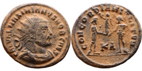 Maximianus. (286-305 ). Æ Antoninian. Obv: Radiate cuirassed bust of Maximianus right. Rev: CONCORDIA MILITVM. Jupiter standing left presents Victory ...