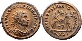 Diocletian (284-294 AD). Antoninianus. Obverse: Bust of Emperor, radiate, draped, right. Reverse: Jupiter standing right holding sceptre and orb facin...