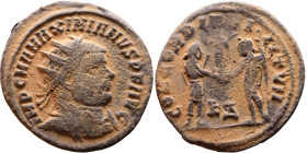 Maximianus. (286-305 ). Æ Antoninian. Obv: Radiate cuirassed bust of Maximianus right. Rev: CONCORDIA MILITVM. Jupiter standing left presents Victory ...