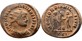 Diocletian (284-305). Antoninianus. Obv.: Bust of Diocletian, radiate, draped, right. Rev.: CONCORDIA MILITVM Diocletian, draped, cuirassed, standing ...