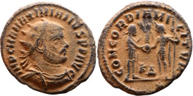 Maximianus. (286-305 ). Æ Antoninian. Obv: Radiate cuirassed bust of Maximianus right. Rev: CONCORDIA MILITVM. Jupiter standing left presents Victory ...