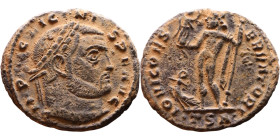 Licinius I (308-324 AD) follis. Obv: Cuirassed bust of Licinius Rev: Jupiter standing left, chlamys across left shoulder, leaning on scepter with eagl...