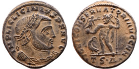 Licinius I (308-324 AD) follis. Obv: Cuirassed bust of Licinius Rev: Jupiter standing left, chlamys across left shoulder, leaning on scepter with eagl...