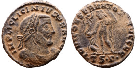 Licinius I (308-324 AD) follis. Obv: Cuirassed bust of Licinius Rev: Jupiter standing left, chlamys across left shoulder, leaning on scepter with eagl...
