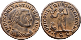 Constantinus I (306-337) follis. Obv: Cuirassed bust of emperor Rev: Jupiter standing left, chlamys across left shoulder, leaning on scepter with eagl...