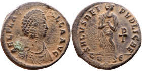 Aelia Flaccilla (379-386) Follis Obverse: AEL FLAC-CILLA AVG, diademed and draped bust Reverse: SALVS REI-PVBLICAE, Empress standing facing, head righ...