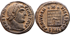 Constantine I The Great (306 - 337 AD). Follis. Obv.: Laureate head of Constantine right. Rev.: PROVIDENTIA AVGG, Camp gate

Artificial sand patina...