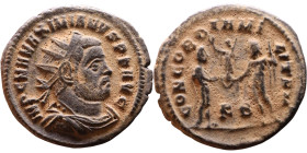 Maximianus. (286-305 ). Æ Antoninian. Obv: Radiate cuirassed bust of Maximianus right. Rev: CONCORDIA MILITVM. Jupiter standing left presents Victory ...