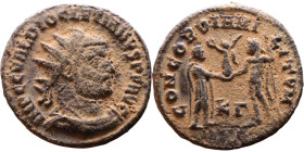 Diocletian (284-305). Antoninianus. Obv.: Bust of Diocletian, radiate, draped, right. Rev.: CONCORDIA MILITVM Diocletian, draped, cuirassed, standing ...