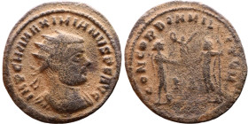 Maximianus. (286-305 ). Æ Antoninian. Obv: Radiate cuirassed bust of Maximianus right. Rev: CONCORDIA MILITVM. Jupiter standing left presents Victory ...