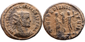 Diocletian (284-305). Antoninianus. Obv.: Bust of Diocletian, radiate, draped, right. Rev.: CONCORDIA MILITVM Diocletian, draped, cuirassed, standing ...