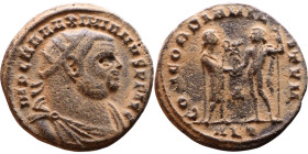 Maximianus. (286-305 ). Æ Antoninian. Obv: Radiate cuirassed bust of Maximianus right. Rev: CONCORDIA MILITVM. Jupiter standing left presents Victory ...