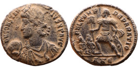 Constantius II (337-361) follis. Obv.: D N CONSTAN-TIVS P F AVG pearl diademed, draped, cuirassed bust left, holding globe Rev.: FEL TEMP REPARATIO em...
