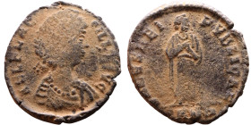 Aelia Flaccilla (379-386) Follis Obverse: AEL FLAC-CILLA AVG, diademed and draped bust Reverse: SALVS REI-PVBLICAE, Empress standing facing, head righ...