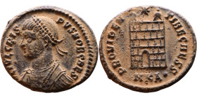 Crispus (Caesar: 317-326) Follis. Obverse:Laureate, draped and cuirassed bust Rev: Campgate

Artificial sand patina

19mm 2.90g