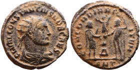 Constantius I (293-306) Antoninianus. Obv: Radiate cuirassed bust of emperor right Rev: CONCORDIA MILITVM. Jupiter standing left presents Victory on a...