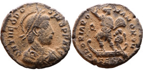Theodosius I (379-395) Follis. Obv: DN THEODOSIVS PF AVG, Diademed, helmeted, draped, and cuirassed bust right, holding spear and shield. Rev.: GLORIA...
