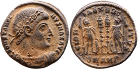 Constantinus I (306-337) Follis. Obverse: CONSTANTI-NVS MAX AVG, diademed, draped, cuirassed bust right. Reverse: GLORIA EXERCITVS, two Soldiers stand...