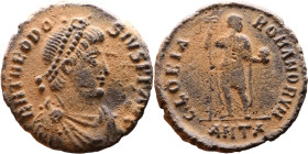 Theodosius I (379-395) Follis. Obv: DN THEODOSIVS PF AVG, Pearl-diademed, draped, cuirassed bust right Rev.: GLORIA ROMANORVM, emperor standing front,...