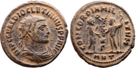Diocletian (284-305). Antoninianus. Obv.: Bust of Diocletian, radiate, draped, right. Rev.: CONCORDIA MILITVM Diocletian, draped, cuirassed, standing ...